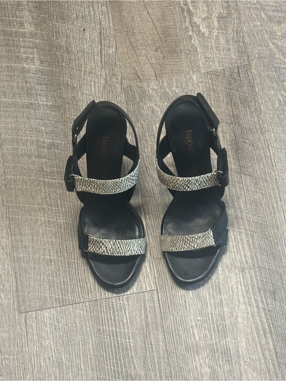 Luxury Rebel Black Sandals with Silver Snakeskin Straps size 38M and 38 1/2M